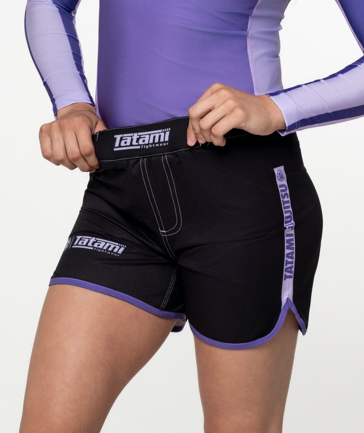 Ladies Contrast High Cut Shorts - Purple & Black